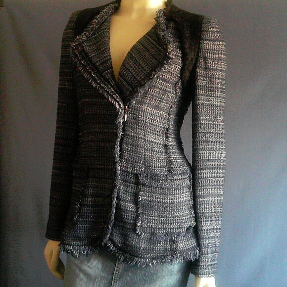 Rebecca Taylor Navy Blue Plaid Silver Lace Fringe Cotton Jacket 2 - Picture 2 of 13